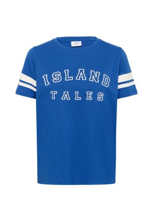 Tricou din bumbac albastru cu imprimeu "ISLAND TALES" în alb. Mâneci scurte cu accente albe în dungi pe umeri. Guler clasic de tip crew.