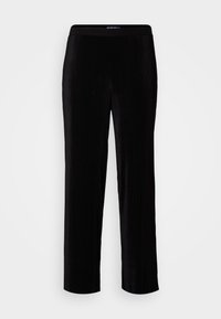Black, wide-leg pants with a ribbed texture and elastic waistband. The fabric appears soft, suitable for comfortable, casual wear.