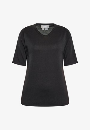 Schwarzes kurzärmliges T-Shirt mit V-Ausschnitt, aus strukturiertem Stoff gefertigt. Verfügt über gestickte Saumabschlüsse und ein Etikett mit der Aufschrift "usha", das die Marke angibt.