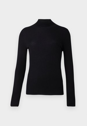 Schwarzer, gerippter Rollkragenpullover mit langen Ärmeln, der eine taillierte Silhouette und eine weiche Textur aufweist, geeignet zum Schichten oder als Einzelstück.