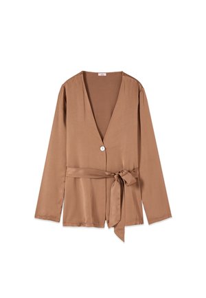 Bruine blouse met lange mouwen, diepe V-hals, één witte knoop en bijpassende stoffen ceintuur gestrikt in een strik ter hoogte van de taille.