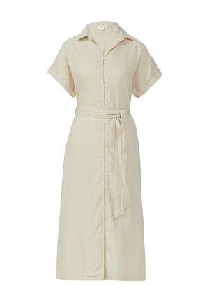 Robe chemise en lin crème avec col, manches courtes, boutons sur le devant et ceinture à nouer à la taille. Texture lisse, design mi-long.