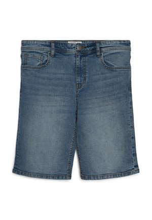 Pantaloncini di jeans in blu sbiadito, con un classico design a cinque tasche e passanti per cintura. Il tessuto ha una leggera trama con cuciture ben visibili.