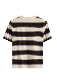 Maglietta a maniche corte color crema con righe orizzontali marroni scure e lavanda. Tessuto in cotone con scollatura a girocollo e vestibilità standard.