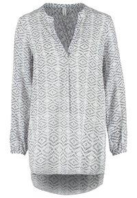 Tunique à manches longues avec encolure en V, en tissu léger avec un motif géométrique gris et blanc, poignets élastiques, ourlet arrondi.