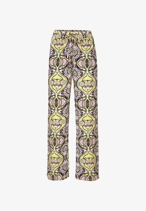 Wijdvallende broek met een ingewikkeld bloemenpatroon in zwart, geel, roze en wit. Elastische tailleband voor comfort. Lichte, vloeiende stof.