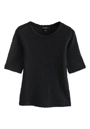 Sort, struktureret striktrøje med korte ærmer og rund halsudskæring. Har en løs pasform og et popcornmønster.