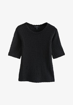 Must tekstuuriga kampsun, lühikeste varrukatega ja ümmarguse kaelusega. Omaduseks on lai lõige ja popkornistiilis muster.