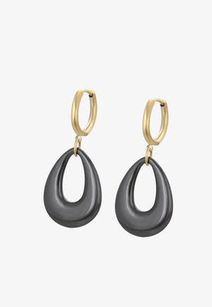 Arany karika fülbevalók, szürke csepp alakú, fényes felületű medálokkal, kivágott középrésszel. Biztonságos zár a rögzítéshez.