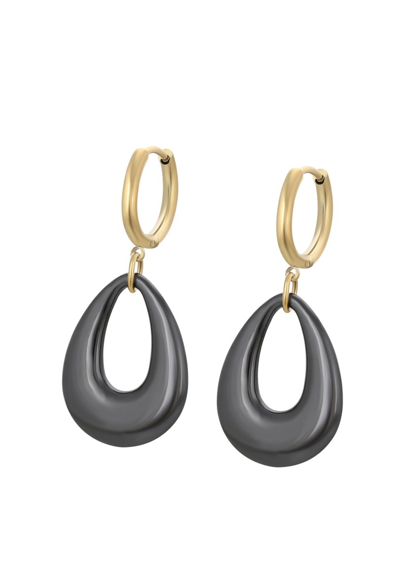 Zlaté kruhové náušnice s šedými slzovými pendants s lesklým povrchom a výrezom v strednej časti. Bezpečné zapínanie na pripevnenie.