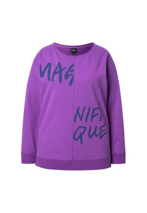 Paarse sweatshirt met een ronde halslijn, lange mouwen en in het vet gedrukt marineblauwe tekst "MAGNIFIQUE" op de voorkant. Zachte stofstructuur.