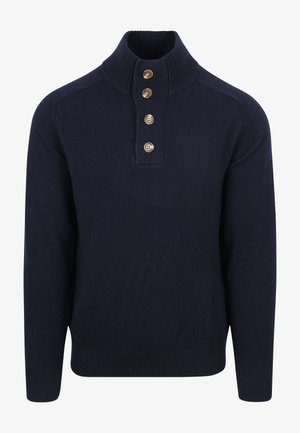 Navyblauwe gebreide trui met een hoge kraag en vier gouden knopen. Voorzien van geribbelde manchetten en zoom, een gladde textuur en een aansluitend ontwerp.