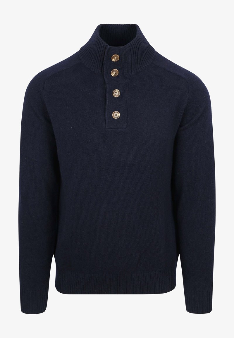 Navyblauwe gebreide trui met een hoge kraag en vier gouden knopen. Voorzien van geribbelde manchetten en zoom, een gladde textuur en een aansluitend ontwerp.