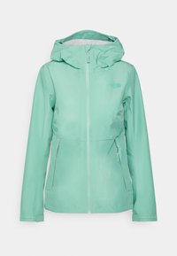 Mintgrön vattentät jacka med dragkedja fram, huva och två sidofickor. Slät textur och lätt design.