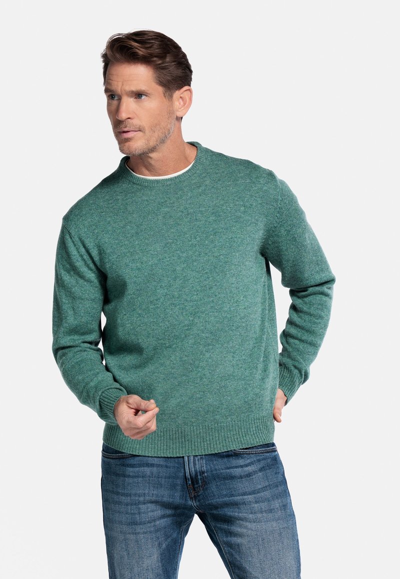 Groene gebreide trui met een ronde hals, geribde mouwen en onderkant. Gecombineerd met blauwe denim jeans. De textuur lijkt zacht en warm.