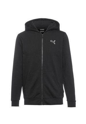 Sudadera con cremallera negra hecha de tejido suave, con un bolsillo tipo canguro y un pequeño logo blanco en la parte izquierda del pecho.