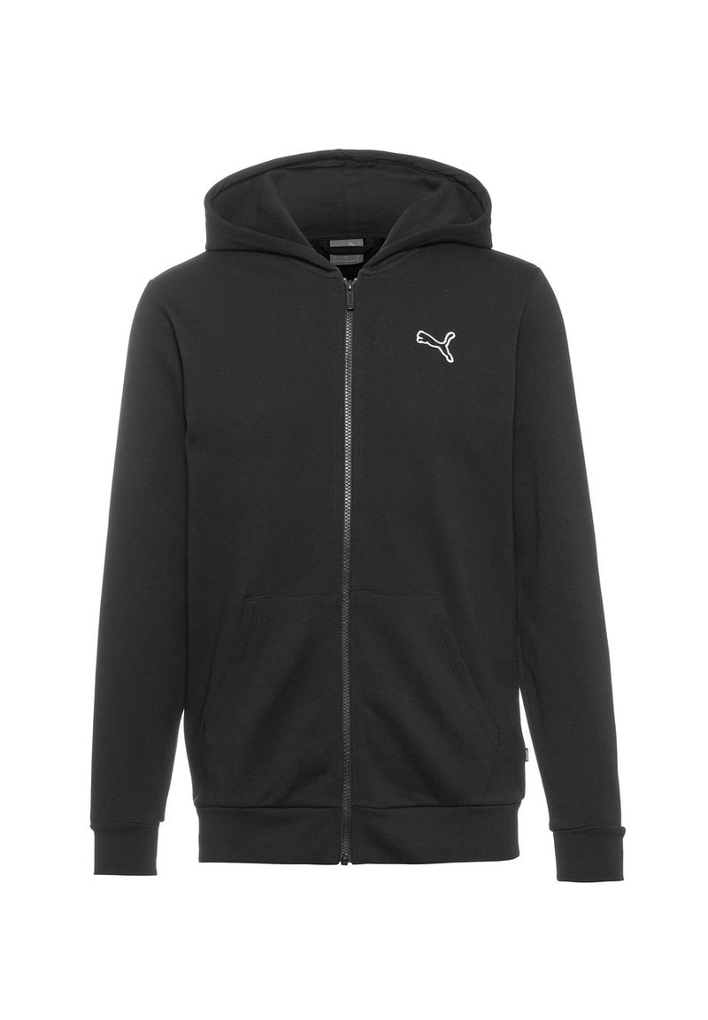 Sudadera con cremallera negra hecha de tejido suave, con un bolsillo tipo canguro y un pequeño logo blanco en la parte izquierda del pecho.