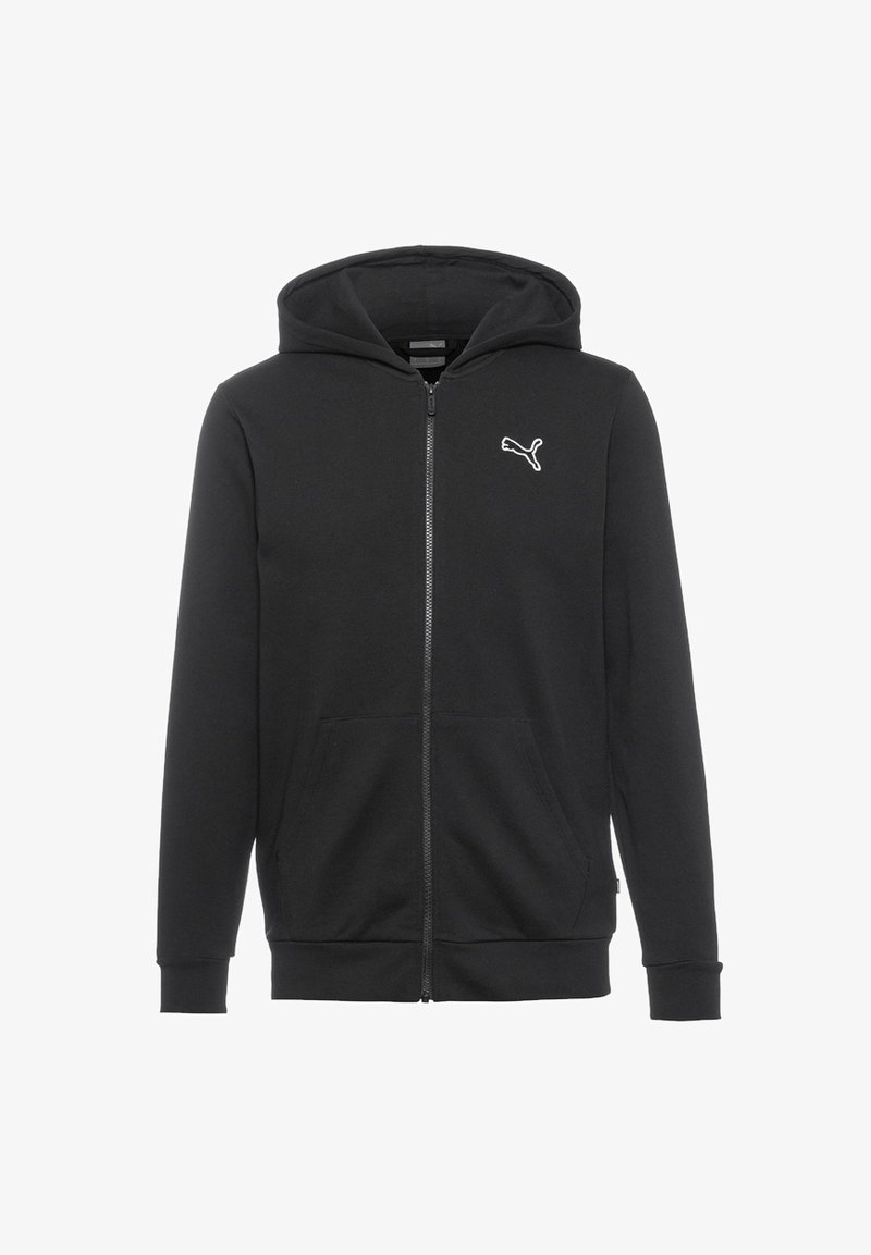 Mustast zip-up kapuutsest, mis on valmistatud pehmest kangast, kohaliku känguru taskuga ja väikese valge logoga vasakus rinnas.