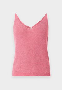 Top en tricot rose à col en V, coupe ajustée et tissu texturé. Dispose de bretelles larges et d'un ourlet côtelé en bas.