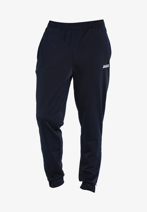 Marineblauwe sportbroek van lichtgewicht materiaal, met een elastische tailleband en zijzakken, voorzien van een wit "JAKO" logo aan de voorkant.