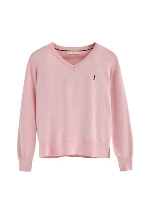 Lyserød v-neck sweater med lange ærmer, ribbede manchetter og bundkant. Har et lille sort logo på venstre bryst. Blød tekstur.
