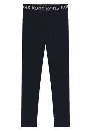 Leggings navy en tissu doux, avec une taille élastique portant le texte "KORS" en métal. Design à jambes droites, sans motifs supplémentaires.