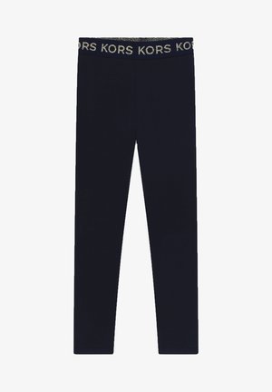 Leggings blu navy realizzati in tessuto morbido, con una cintura elastica recante la scritta "KORS" in testo metallico. Design a gamba dritta, senza ulteriori motivi.