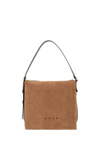 Borsa a mano in camoscio marrone dalla forma rettangolare, con un'unica tracolla in pelle nera e logo in rilievo sul davanti.