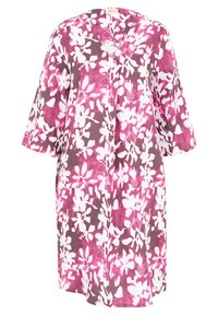 Blumenkleid in Pink, Weiß und Dunkelgrau. Mit V-Ausschnitt, dreiviertellangen Ärmeln und lockerer Passform. Hergestellt aus leichtem Stoff.