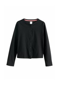 Black long-sleeve cardigan with round neckline and front button closure, featuring a pink inner collar trim.