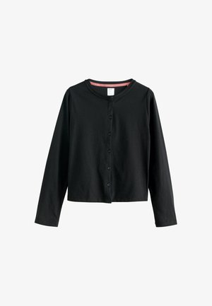 Černý dlouhý svetr s kulatým výstřihem a zapínáním na knoflíky vpředu, se růžovými detaily na vnitřním límci.