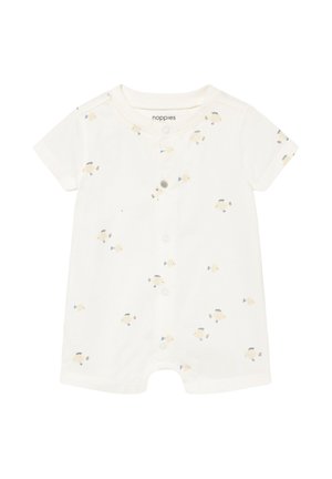White short-sleeve baby romper with snap buttons and small beige and blue fish pattern all over.