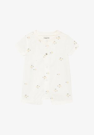 Wit babyrompertje met korte mouwen, drukknoopjes en een klein beige- en blauwvisjespatroon overal.