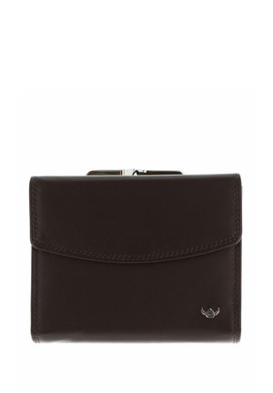 Dunkelbraune Leder-Geldbörse mit Klappenverschluss und silbernem Verschluss, mit kleinem Metall-Logo in der unteren rechten Ecke.