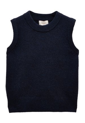 Granatowa dzianinowa kamizelka bez rękawów z prążkowanym okrągłym dekoltem i obszyciem, z etykietą "Joules" wewnątrz kołnierza.