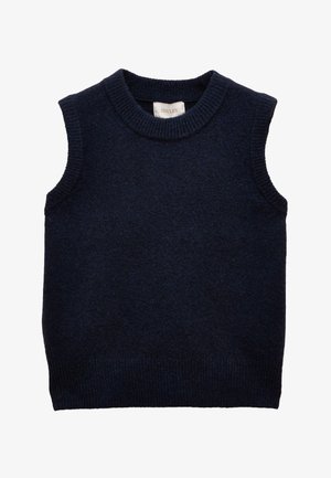 Navy blue sleeveless knitted vest with ribbed crew neck and hem, labeled "Joules" inside collar.
