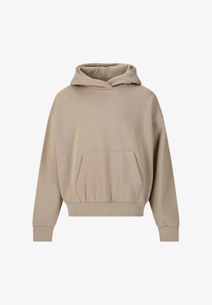 Beige huppari, jossa pitkät hihat, etupuolella kengurun tasku sekä resorit hihoissa ja helmassa, esillä valkoista taustaa vasten.