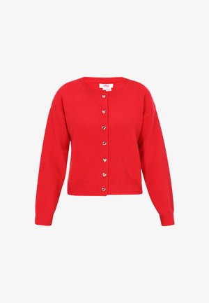 Czerwony sweter robiony na drutach z okrągłym dekoltem, długimi rękawami i guzikami w kształcie serca z przodu. Miękka tekstura i skrócony fason.