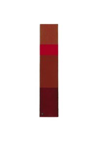 Textile runner features vertical stripes in variegated shades of brown, red, and dark burgundy with a textured finish. Rectangular shape; minimal branding.