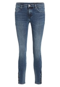 Mörkblå, smala jeans med en blekt tvätt, med knäppning och detaljerade knappaccent vid ankeln. Tillverkade av denim.