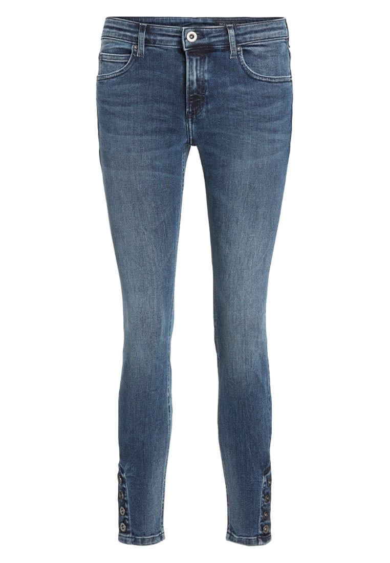 Mörkblå, smala jeans med en blekt tvätt, med knäppning och detaljerade knappaccent vid ankeln. Tillverkade av denim.