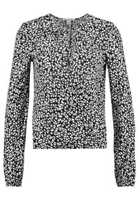 Blusa floreale bianca e nera con maniche lunghe, colletto tondo arricciato e polsini elastici; tessuto leggero con una sottile texture.