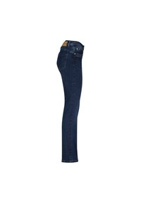 Mørkeblå, slim-fit jeans set fra siden med baglomme og lyse syninger på en hvid baggrund.