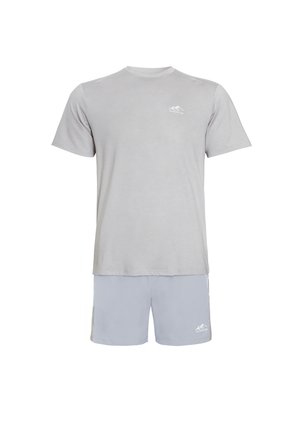 Light gray athletic t-shirt with a crew neck and short sleeves, paired with light blue shorts featuring a side pocket and logo detail.