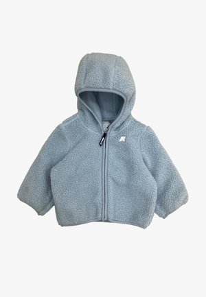 Giacca in pile morbida blu per bambini piccoli con cappuccio, zip frontale e piccolo logo bianco sul petto.