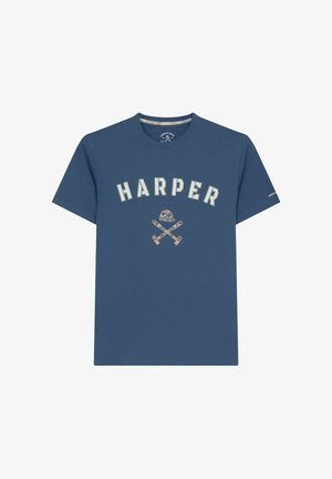 Camiseta azul de manga corta con texto blanco "HARPER" y gráfico de martillos cruzados debajo, centrado en el pecho.