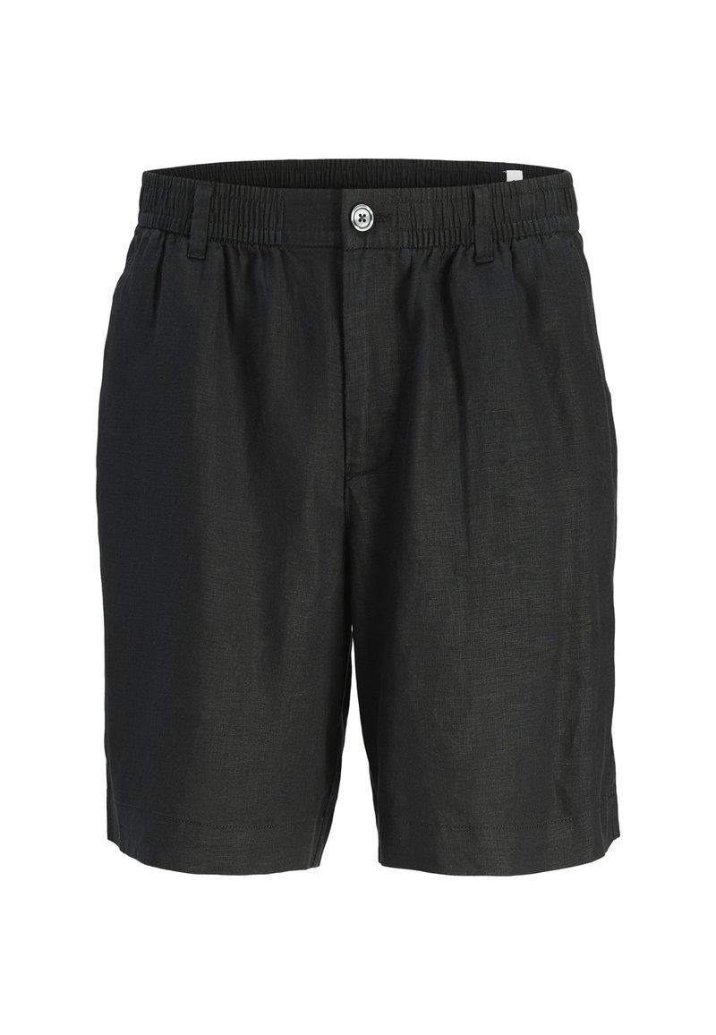 Schwarze Leinen-Shorts mit elastischem Bund, einem Knopfverschluss und zwei Seitentaschen. Glatte Textur und knielanges Design.