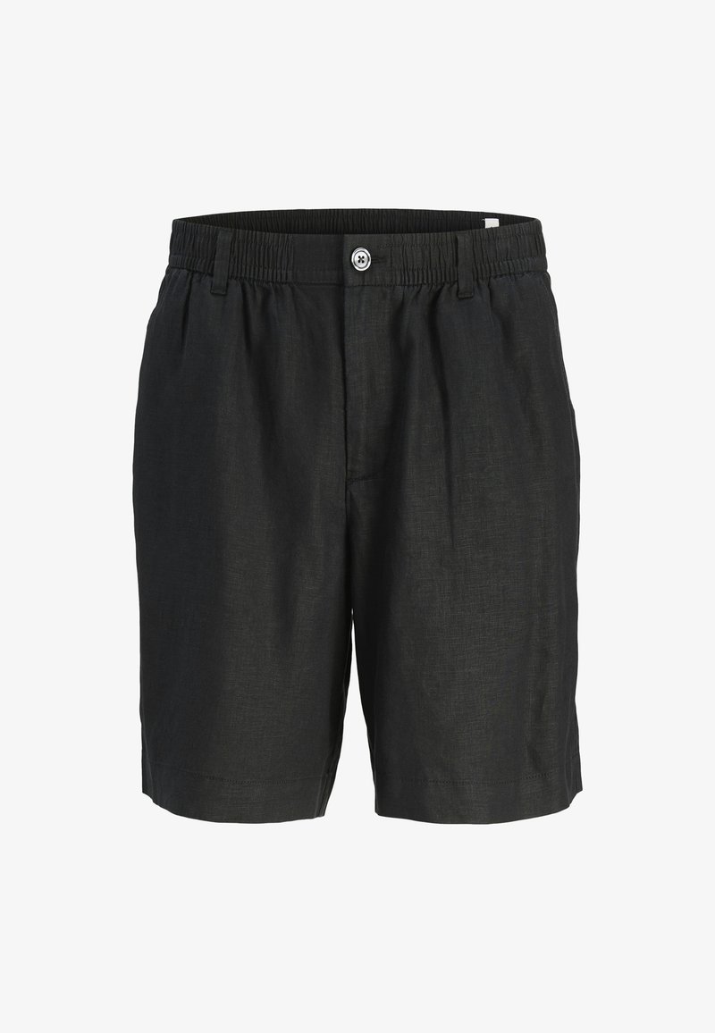 Pantaloni corti neri in lino con vita elasticizzata, chiusura a bottone e due tasche laterali. Texture liscia e design fino al ginocchio.