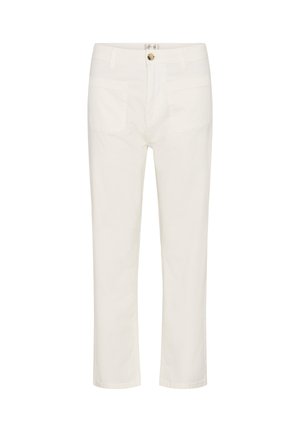 Witte, rechtgesneden broek met hoge taille, voorzakken en een enkele knoopsluiting aan de tailleband.