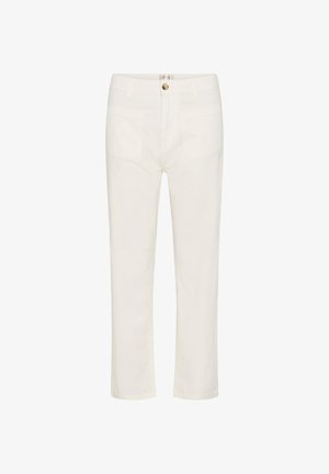 Witte, rechtgesneden broek met hoge taille, voorzakken en een enkele knoopsluiting aan de tailleband.